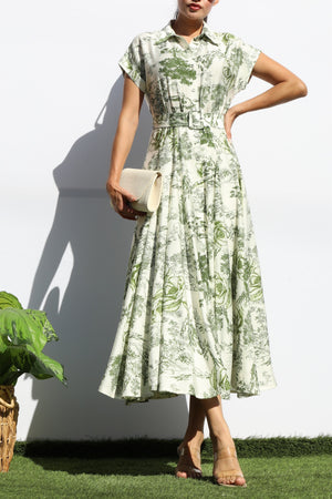 DD7872, PRINTED BUTTON DOWN FLARED MIDI DRESS