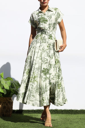 DD7872, PRINTED BUTTON DOWN FLARED MIDI DRESS