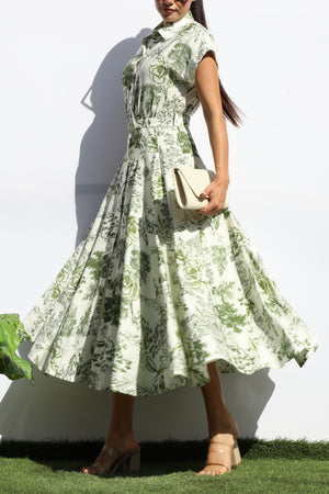 DD7872, PRINTED BUTTON DOWN FLARED MIDI DRESS