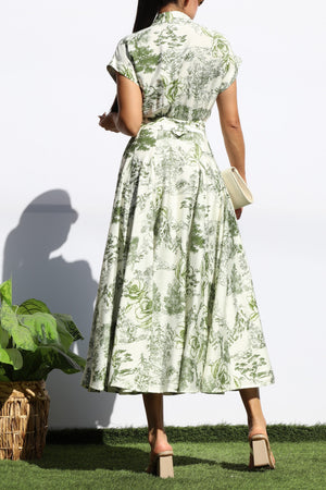DD7872, PRINTED BUTTON DOWN FLARED MIDI DRESS