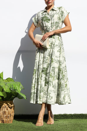 DD7872, PRINTED BUTTON DOWN FLARED MIDI DRESS