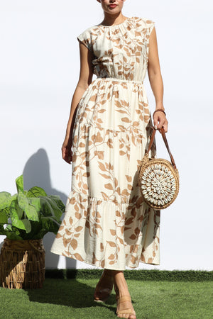 DD7932, PRINTED LOOSE FIT TIERED MIDI DRESS