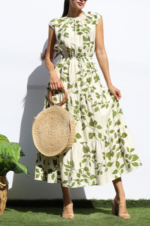 DD7932, PRINTED LOOSE FIT TIERED MIDI DRESS