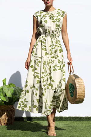 DD7932, PRINTED LOOSE FIT TIERED MIDI DRESS