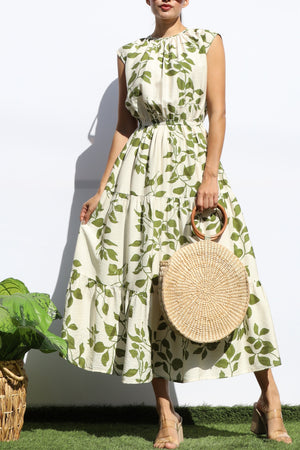 DD7932, PRINTED LOOSE FIT TIERED MIDI DRESS