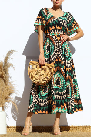 DD8187, PRINTED LOOSE FIT MIDI DRESS