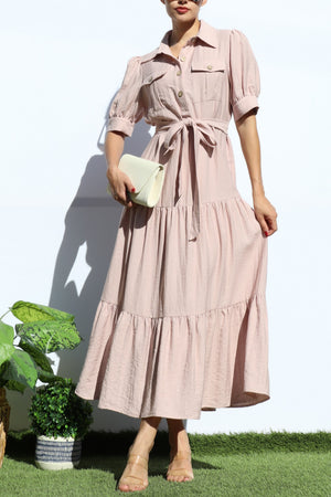 DD7921, LOOSE FIT SHIRT TIERED MIDI DRESS