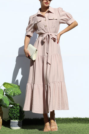 DD7921, LOOSE FIT SHIRT TIERED MIDI DRESS