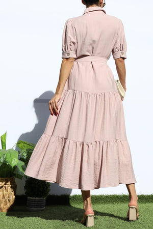 DD7921, LOOSE FIT SHIRT TIERED MIDI DRESS