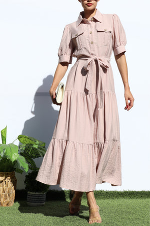 DD7921, LOOSE FIT SHIRT TIERED MIDI DRESS