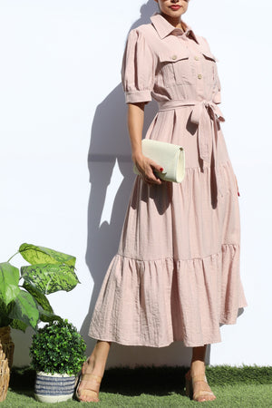 DD7921, LOOSE FIT SHIRT TIERED MIDI DRESS
