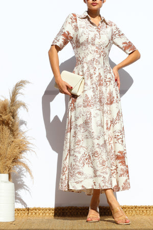 DD7883, PRINTED BUTTON DOWN FLARED MIDI DRESS