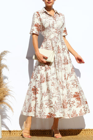 DD7883, PRINTED BUTTON DOWN FLARED MIDI DRESS