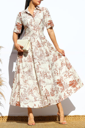 DD7883, PRINTED BUTTON DOWN FLARED MIDI DRESS