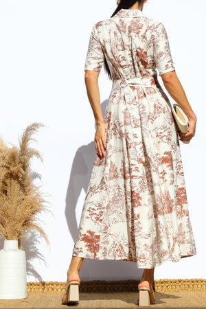 DD7883, PRINTED BUTTON DOWN FLARED MIDI DRESS