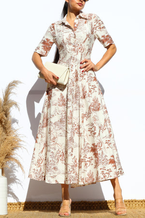 DD7883, PRINTED BUTTON DOWN FLARED MIDI DRESS