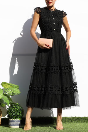 DD7680, LACE TOP MESH RUFFLED MIDI DRESS