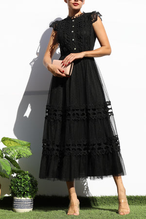 DD7680, LACE TOP MESH RUFFLED MIDI DRESS