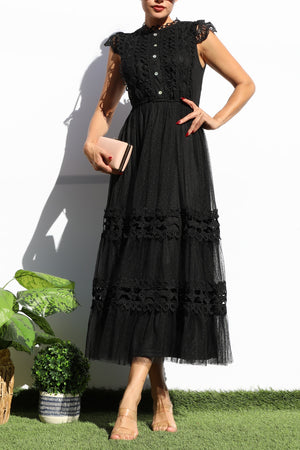 DD7680, LACE TOP MESH RUFFLED MIDI DRESS