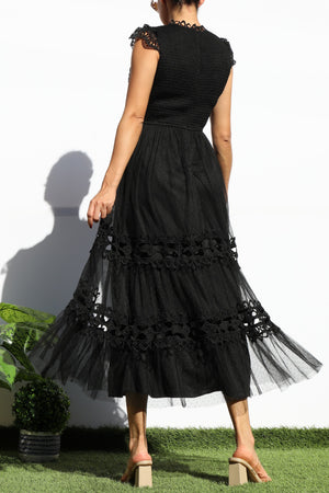 DD7680, LACE TOP MESH RUFFLED MIDI DRESS