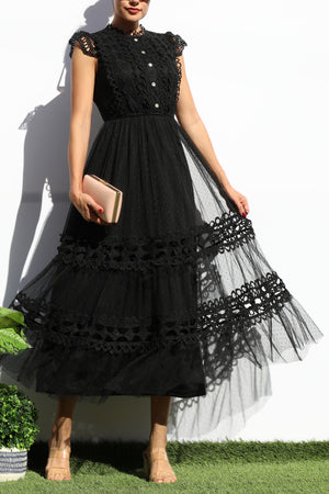 DD7680, LACE TOP MESH RUFFLED MIDI DRESS