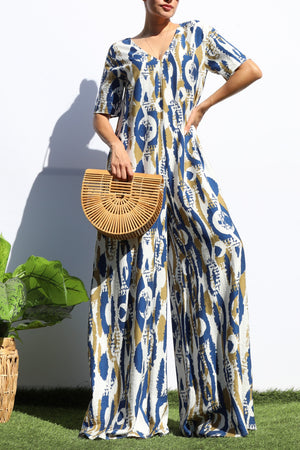 DD7251, PRINTED LOOSE FIT V NECK JUMPSUIT
