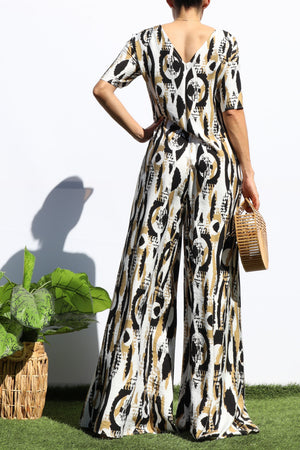 DD7251, PRINTED LOOSE FIT V NECK JUMPSUIT