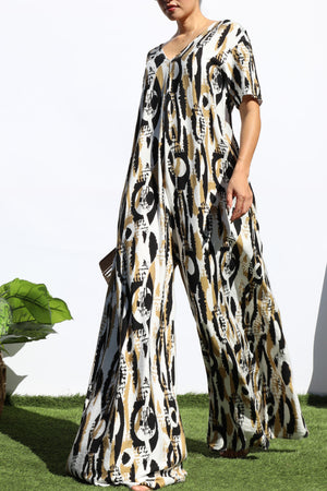 DD7251, PRINTED LOOSE FIT V NECK JUMPSUIT