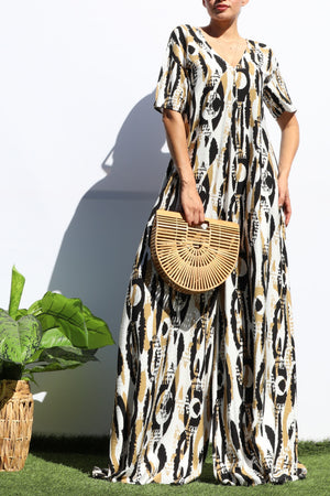 DD7251, PRINTED LOOSE FIT V NECK JUMPSUIT