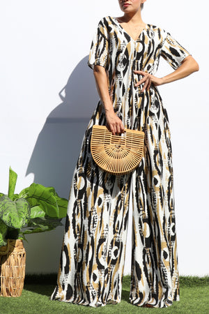 DD7251, PRINTED LOOSE FIT V NECK JUMPSUIT