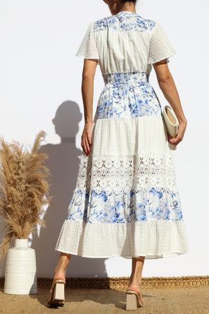 DD7980, EYELET LACE BUTTON FRONT MIDI DRESS