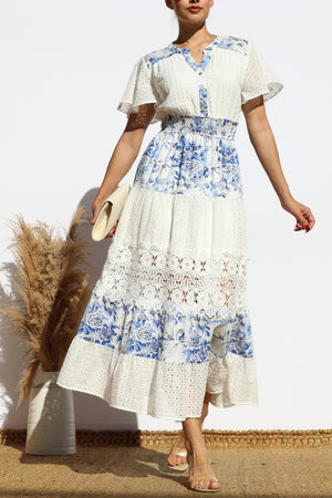 DD7980, EYELET LACE BUTTON FRONT MIDI DRESS