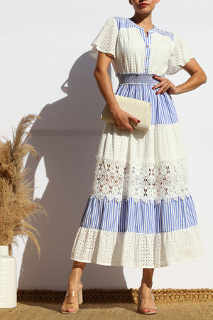 DD7980, EYELET LACE BUTTON FRONT MIDI DRESS