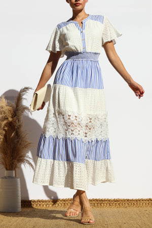 DD7980, EYELET LACE BUTTON FRONT MIDI DRESS