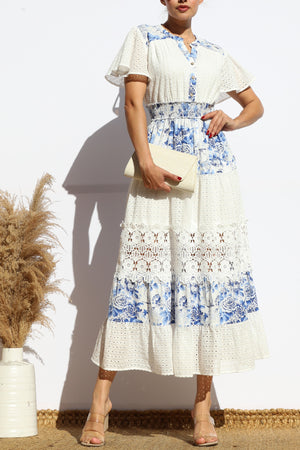 DD7980, EYELET LACE BUTTON FRONT MIDI DRESS