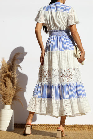 DD7980, EYELET LACE BUTTON FRONT MIDI DRESS