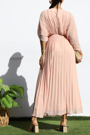 DD6163, PLEATED V NECK LOOSE FIT MIDI DRESS