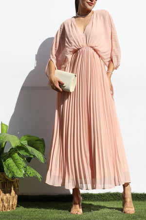 DD6163, PLEATED V NECK LOOSE FIT MIDI DRESS