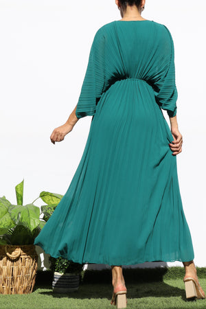DD6163, PLEATED V NECK LOOSE FIT MIDI DRESS