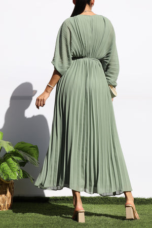 DD6163, PLEATED V NECK LOOSE FIT MIDI DRESS