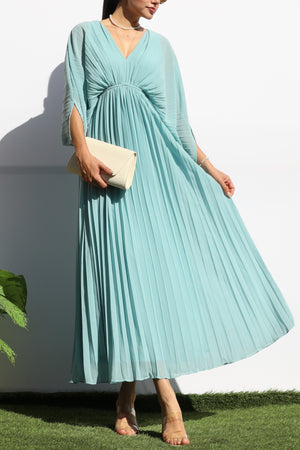 DD6163, PLEATED V NECK LOOSE FIT MIDI DRESS