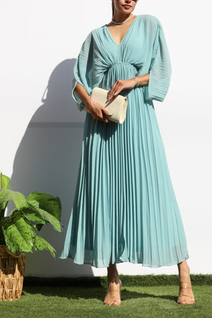 DD6163, PLEATED V NECK LOOSE FIT MIDI DRESS