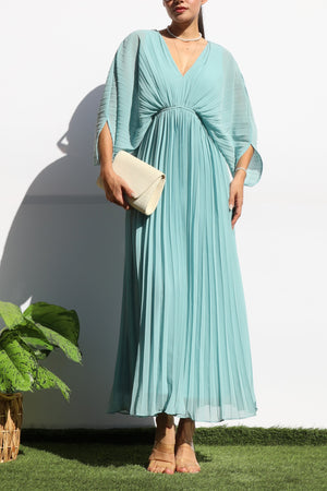 DD6163, PLEATED V NECK LOOSE FIT MIDI DRESS