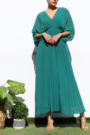 DD6163, PLEATED V NECK LOOSE FIT MIDI DRESS