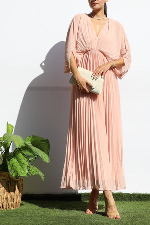 DD6163, PLEATED V NECK LOOSE FIT MIDI DRESS