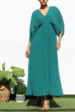 DD6163, PLEATED V NECK LOOSE FIT MIDI DRESS