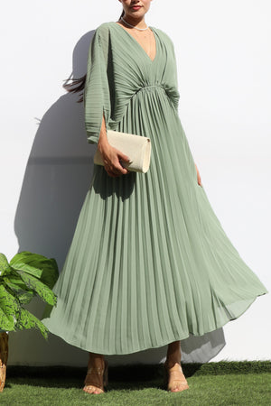 DD6163, PLEATED V NECK LOOSE FIT MIDI DRESS