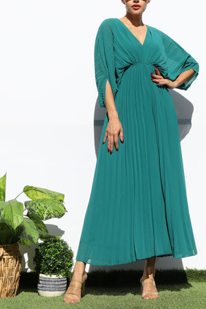 DD6163, PLEATED V NECK LOOSE FIT MIDI DRESS