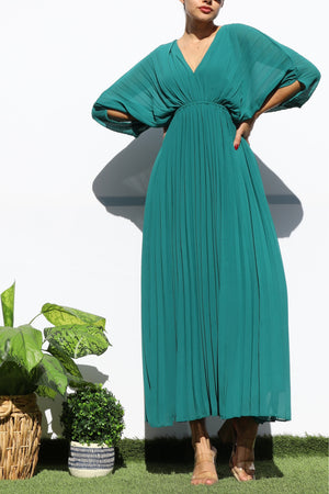 DD6163, PLEATED V NECK LOOSE FIT MIDI DRESS