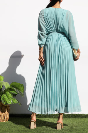 DD6163, PLEATED V NECK LOOSE FIT MIDI DRESS